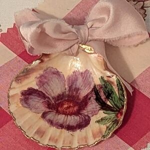 Handcrafted Decoupaged Scallop Shell Floral Satin Frayed Ribbon Gold Edged 3"